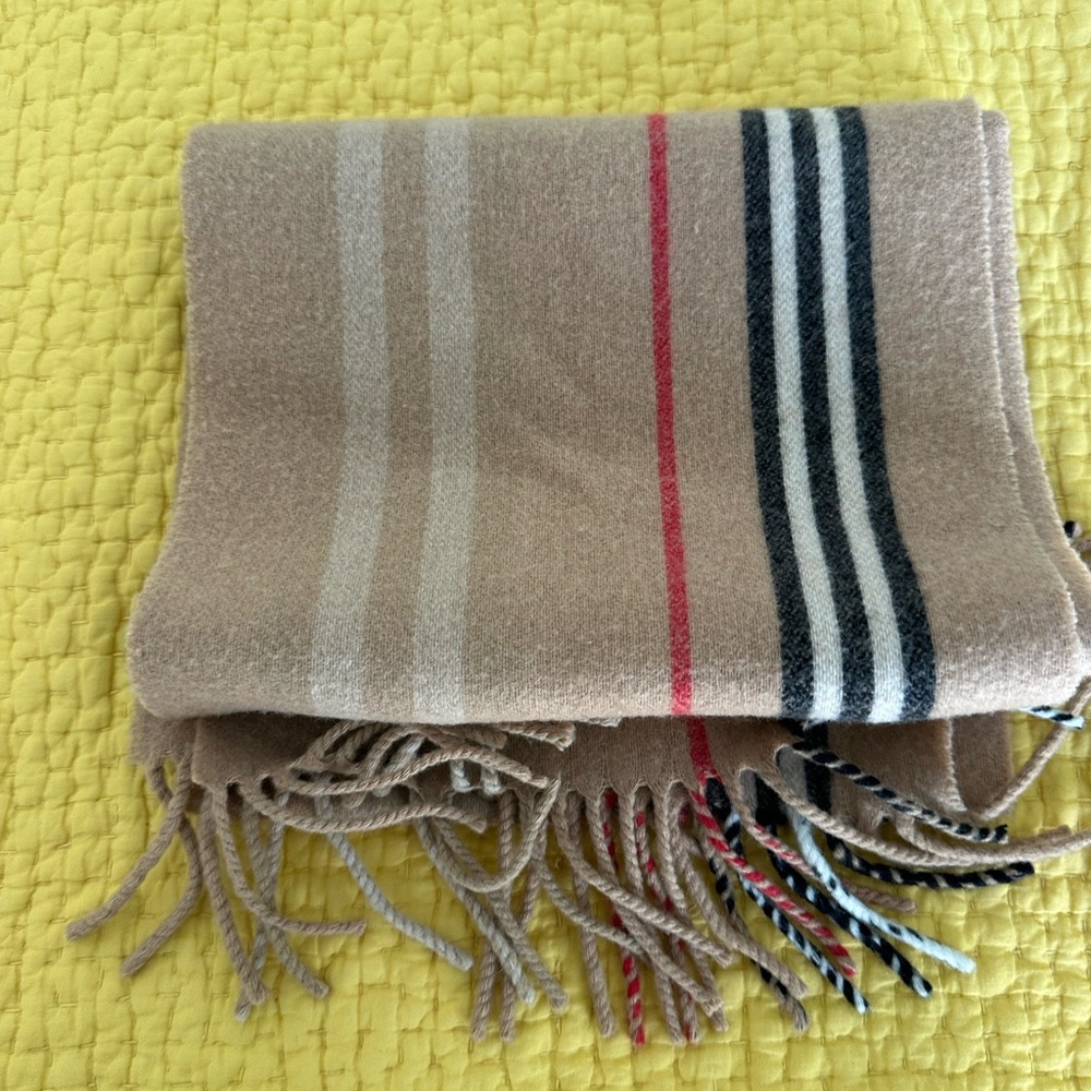 Burberry Tan and Red Wool Blend Scarf with Fringe